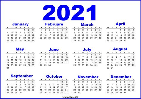 2021 Printable Calendar Uk